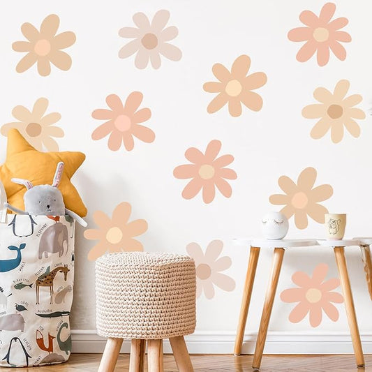 TaoBary 12 Sheet Daisy Wall Sticker Decal Removable Cute Daisy Bedroom Room Decor Flower Wall Sticker Pink White Flower Decal Wallpaper Peel and Stick for Nursery Home(Light Color,Bobo Style)