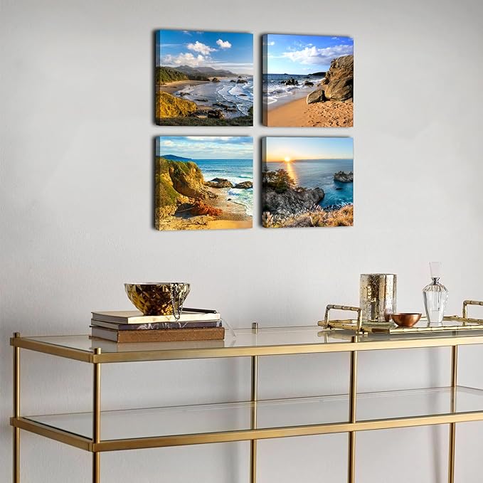 Oregon Coast Scenery Canvas Wall Art Coastal Beach Pictures for Living Room Sunset Ocean Landscape Paintings Prints Bathroom Decor Nature Seascape Artwork Bedroom Office Home Decorations 12x12" 4 Pcs