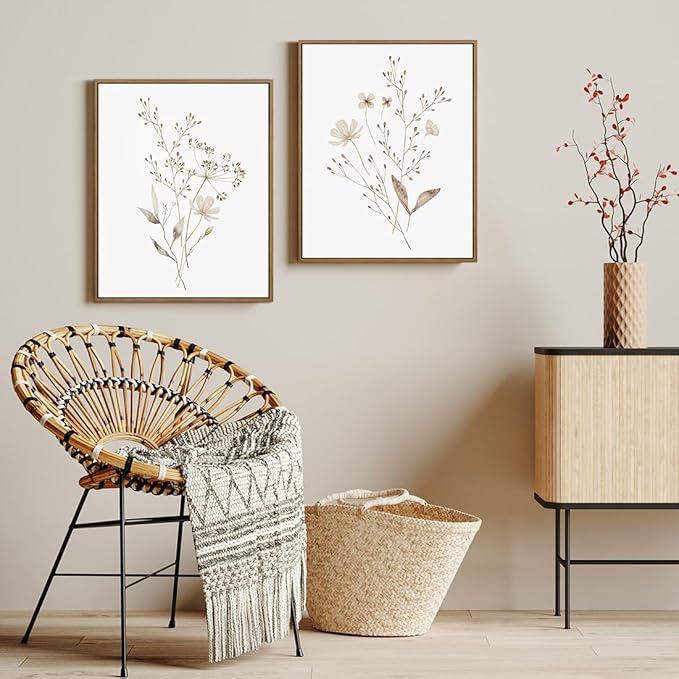 Boho Wall Art Set of 2 Watercolor Botanical Floral Picture Blossomy Wildflower Canvas Art Prints Minimalist Flower Wall Decor for Living Room Bedroom Bathroom Home Office Decoration, 11x14 Inch Framed