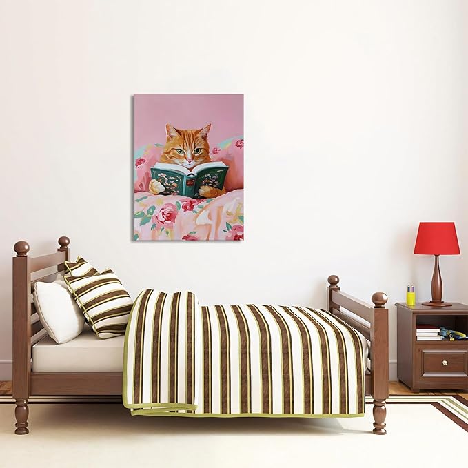 Framed Vintage Cats Canvas Wall Art, Funny Animal Reading Books Poster Printing Pictures, Pink Cute Cat Lovers Wall Decor for Girls Room Bedroom Kids Room Living Room Bathroom 12x16 in
