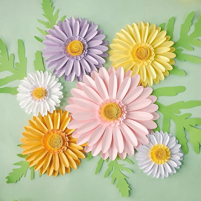 SUNBEAUTY Daisy Party Decorations, Paper Flowers, Flower Wall, Purple Yellow Flowers Wall Hanging, 1st Birthday Bridal Baby Shower Wedding Classroom Tea Party Daisy Décor 10" 7" 5" Pack of 12