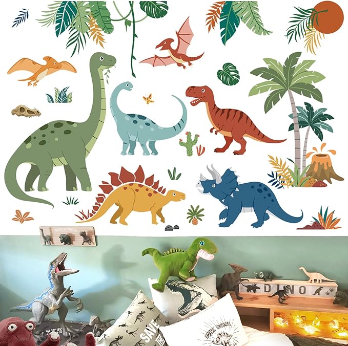 decalmile Large Boho Dinosaurs Wall Decals Dino Animal Tropical Palm Tree Wall Stickers Boys Bedroom Playroom Baby Nursery Wall Decor(XL)
