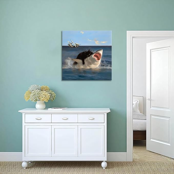 Yaneiro Framed Black Cat Bathroom Wall Art, Funny Quirky Cat and Shark Pictures Canvas Print, Abstract Black Cat Shark Posters Wall Decor for Room Bedroom Living Room Bathroom 20x20 in