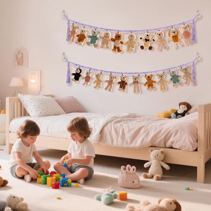 80" Cotton Hanging Storage Chain for Stuffed Animals Storage with 40 Metal Clips, Stuffed Animal Organizer Chain for Wall Corner Nursery Play Room, Purple