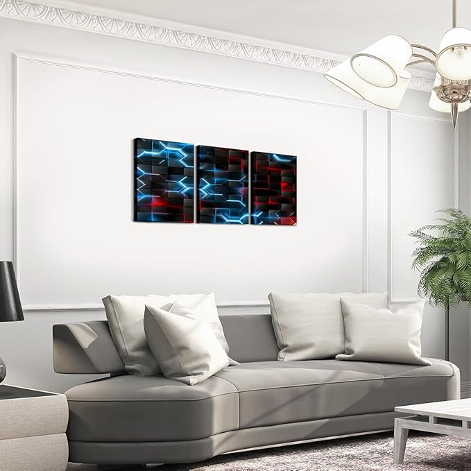 Feelyou Blue and Red Picture Wall Decor 12"x16" 3 Piece Honeycomb Canvas Wall Art Decor Hexagon Theme Office Decorations Artwork Posters Geometrical Beehive Painting