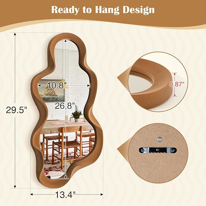 Wavy Mirror Wall Decor for Girly Bedroom, 13.8x29.9 Cute Abstract Decorative Mirrors for Modern Apartment Nursery Room Decoration, Large Hanging Wall Art Above Dresser Desk Table Decor (Brown)