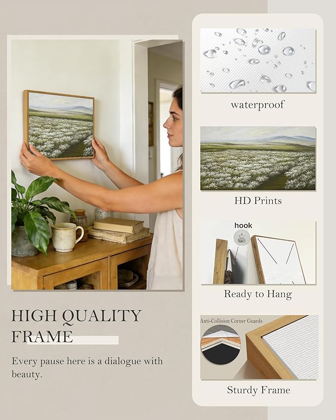 SHENIFY Vintage Landscape Framed Wall Art Meadow with Flowers Scenery Farmhouse Decor Rustic Retro Grassland Wildflower Field Painting for Kitchen Bedroom Bathroom - 11x14in Natural Framed