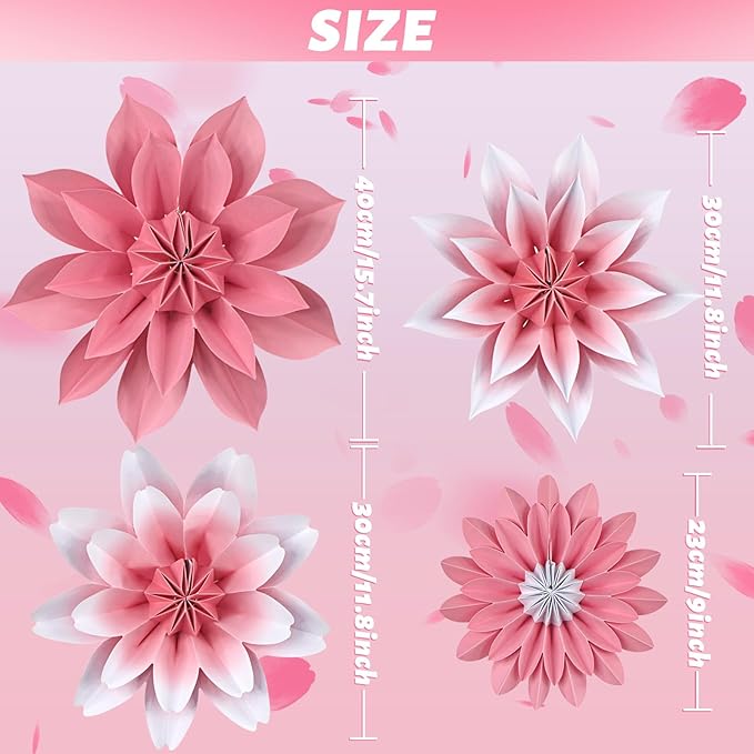 ADLKGG Paper Flower Fan Decorations, Pink Paper Fan Flower Wall Background for Classroom Decor, Tea Party, Spring Summer Party, Birthday, Baby Shower, Wedding, Valentines Day Decorations, Set of 4