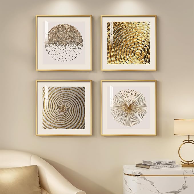 Framed Gold Modern Wall Art Prints, Set of 4 Piece Abstract Geometric White and Gold Wall Decor, Minimalist Contemporary Glam Square Wall Art for Dining Room Bedroom Office, 12x12 Inch