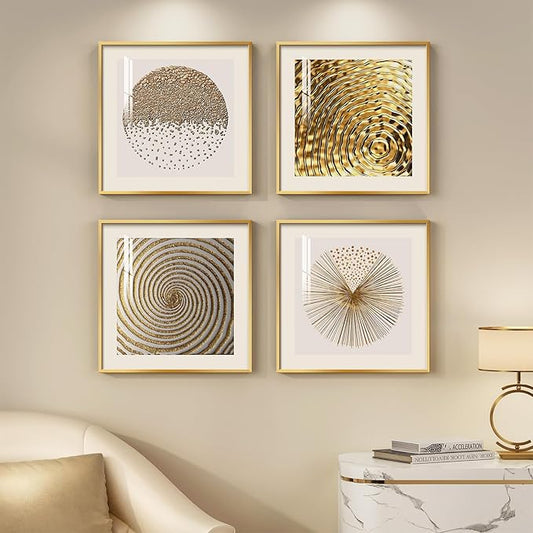Framed Gold Modern Wall Art Prints, Set of 4 Piece Abstract Geometric White and Gold Wall Decor, Minimalist Contemporary Glam Square Wall Art for Dining Room Bedroom Office, 12x12 Inch