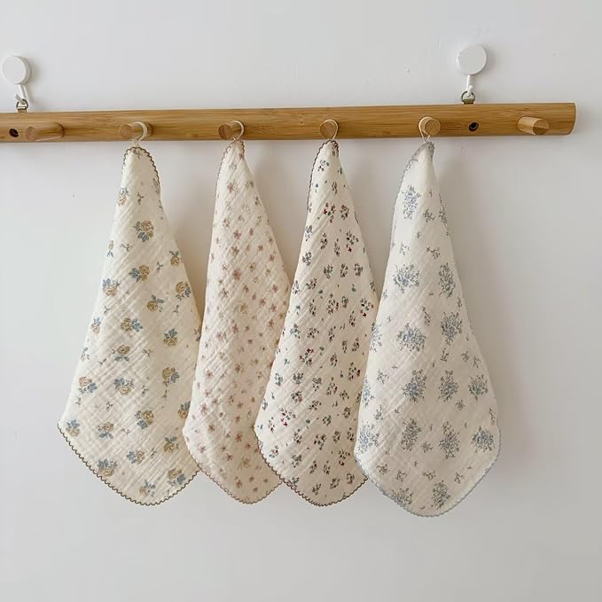BuLuTu Double-Layer Muslin Cotton Cleaning Cloths Chic Shabby Floral Print Towels Set - Pack of 4, 11x11 Inches, Soft, Absorbent, No Shrink, Kitchen Towel Wipe Dishcloths Cleaning Rags