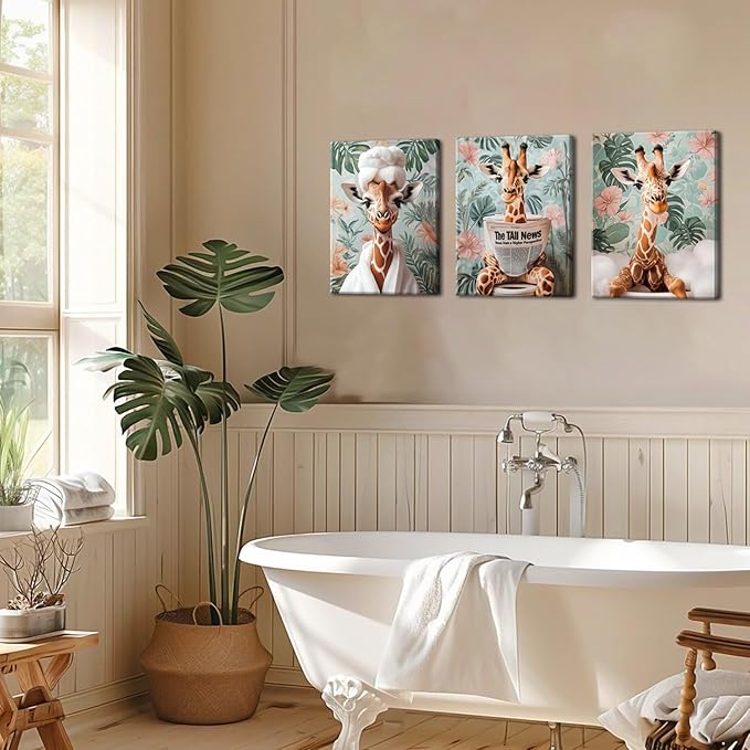 Funny Animal Bathroom Wall Art Set of 3, Cute Giraffe in Toilet Reading Newspaper Wall Decor Paintings Eclectic Giraffe Bathroom Canvas Prints Artwork 12x16 inch Framed