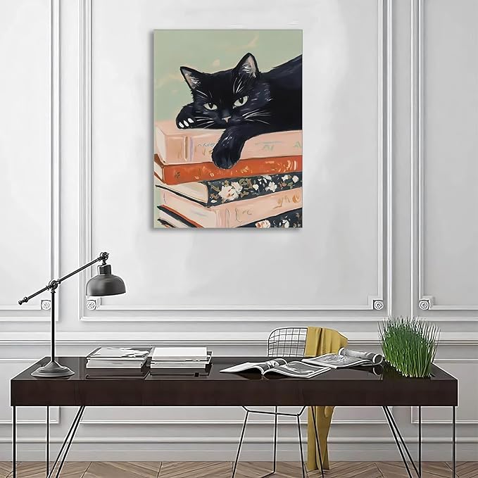 Framed Black Cat Canvas Wall Art, Funny Cat lying on a pile of books Painting, Abstract Animal Posters Prints Wall Decor for Living Room Bathroom Gallery Dining Room Decor 12x16 inch