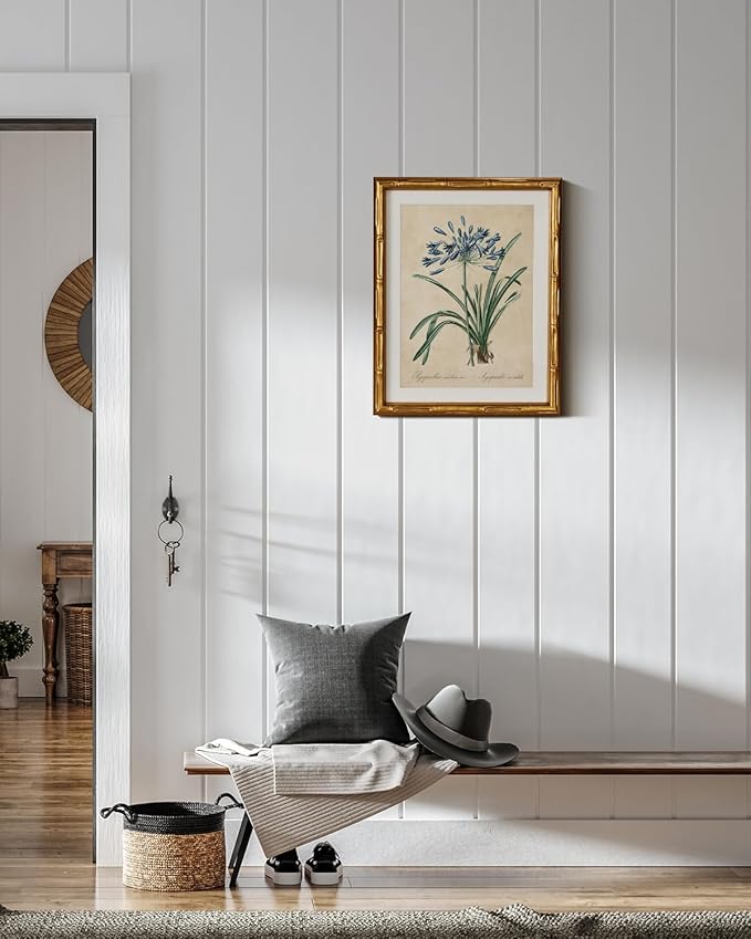 InSimSea Gold Bamboo Framed Canvas Wall Art, Retro Lily Botanical Prints, Antique Moody Picture Frame with Mat, Victorian Home Wall Decor for Kitchen Dining Living Room Bedroom, 11x14inch