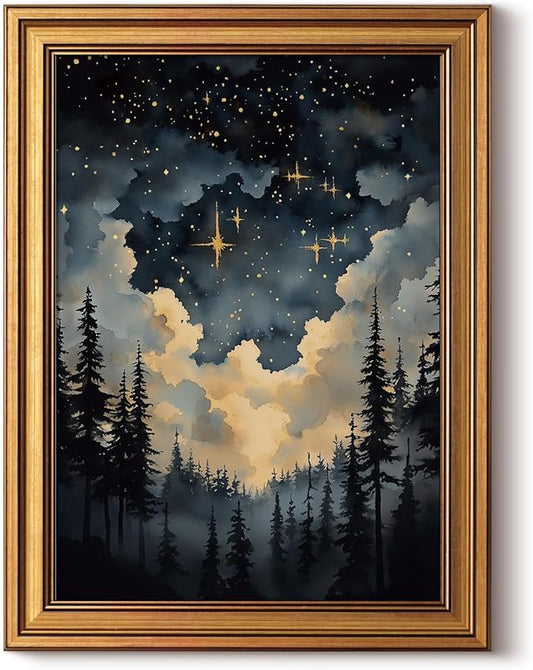 HUARCEY Gold Framed Canvas Wall Art, Celestial Stars Night Picture Decor, Living Room Bedroom Dark Landscape Nature Art, Sky Forest Vintage Canvas Paintings, 12x16inch