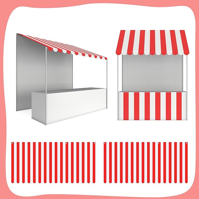 Preboun 2 Pcs 27.6''x 59'' Circus Awning Decor Decorations Striped Carnival Tent Awning Decorations Red and White Wall Decor Halloween Carnival Stand Mardigras Theme Party Photo Accessory