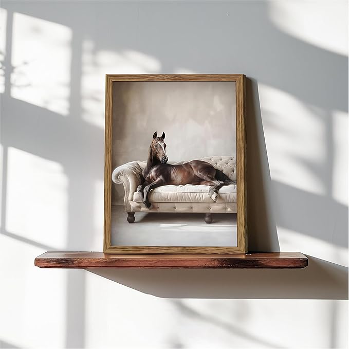 Framed Funny Horse Wall Art, Vintage Brown Horse Laying on Sofa Canvas, Modern Farmhouse Western Wall Decor, Grace Animal Pictures Prints for Living Room Bedroom Office Dorm 16x24 inch