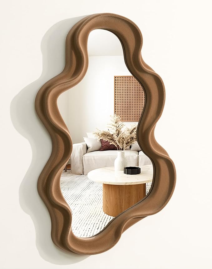 Irregular Wall Mirror Living Room Decor, Cloud Decorative Mirrors with Flocking Touch, Modern Wavy Mirror for Hallway Entryway Staircase Bedroom, Over The Door Wall Art Decoration (Brown)