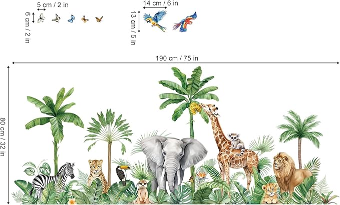 decalmile Large Safari Animals Tropical Tree Wall Decals Jungle Animals Giraffe Elephant Lion Wall Stickers Living Room Baby Nursery Kids Room Wall Decor(XXL)