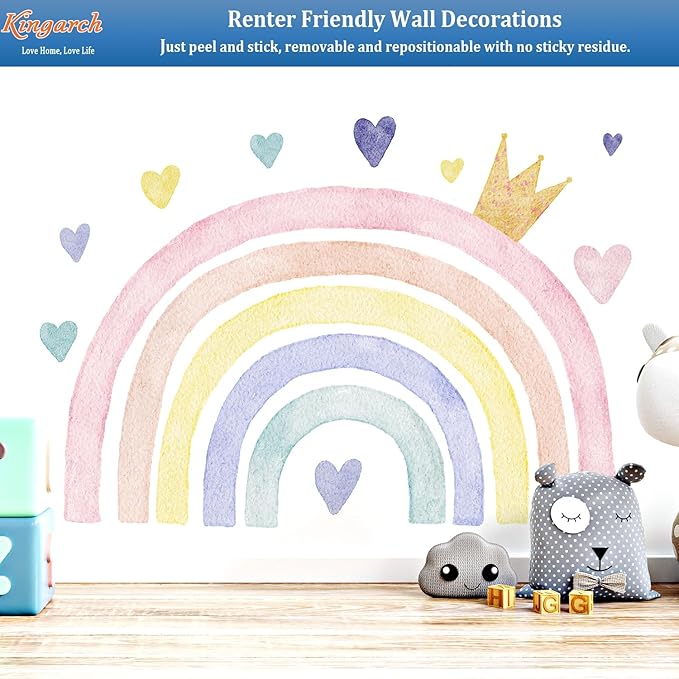 Large Watercolor Rainbow Wall Decals, Boho Queen Peel and Stick Fabric Nursery Wall Decor, Removable Home Room Wall Decor Murals Stickers for Kids Girls Toddler Bedroom Living Room Playroom