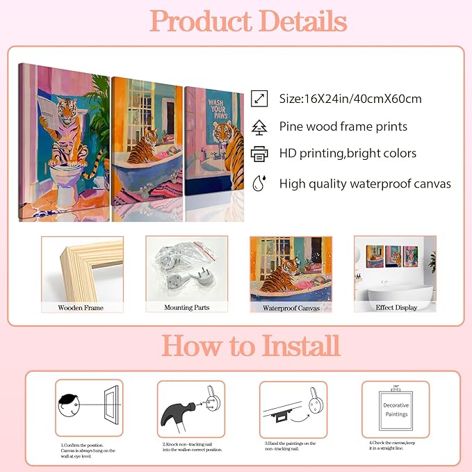 Funny Tiger Bathroom Wall Art Set of 3 Whimsical Tiger in Bathtub Canvas Wall Decor Painting Maximalist Animal Bathroom Poster Print Aesthetic 16x24 inch Framed
