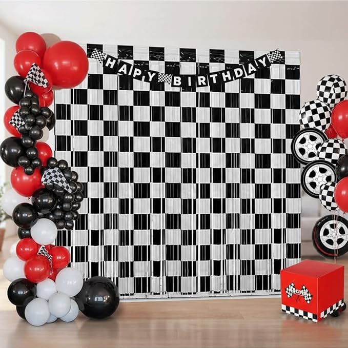 Race Car Birthday Party Streamers Backdrops Decorations, 2 Pcs Checkered Black White Foil Fringe Curtain with Racing Banner Photo Booth Props for Racing Cars One Happy Dude Party Decor Supplies
