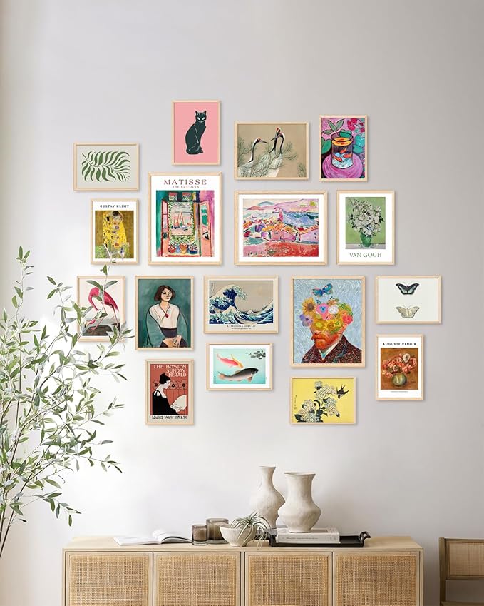 KBKBART Set of 17 Eclectic Wall Art Prints, Colorful Maximalist Wall Decor Canvas Boho Gallery Prints Collage, Vintage Famous Artists Painting Pictures Aesthetic Poster for Funky Room Decor, Eclectic Home Decor for Bedroom Dorm - Unframed