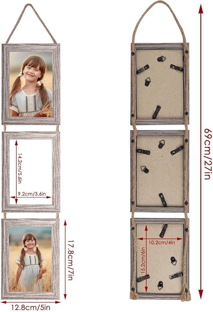 QUTREY 4x6 Collage Picture Frames, 6 Openings Vertical Hanging Photo Frame Set of 2, 4 by 6 inch Multi Picture Frames for Wall Decor, Rustic Grain