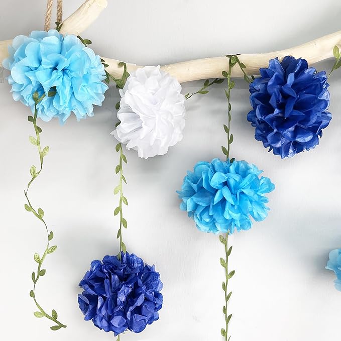 Blue White Party Decorations Ombre Blue Tissue Paper Flowers Pom Pom with Leaf Ribbon Hanging Garland Streamer for Birthday Baby Shower Wedding Under The Sea Nautical Ahoy Achor Party Supplies