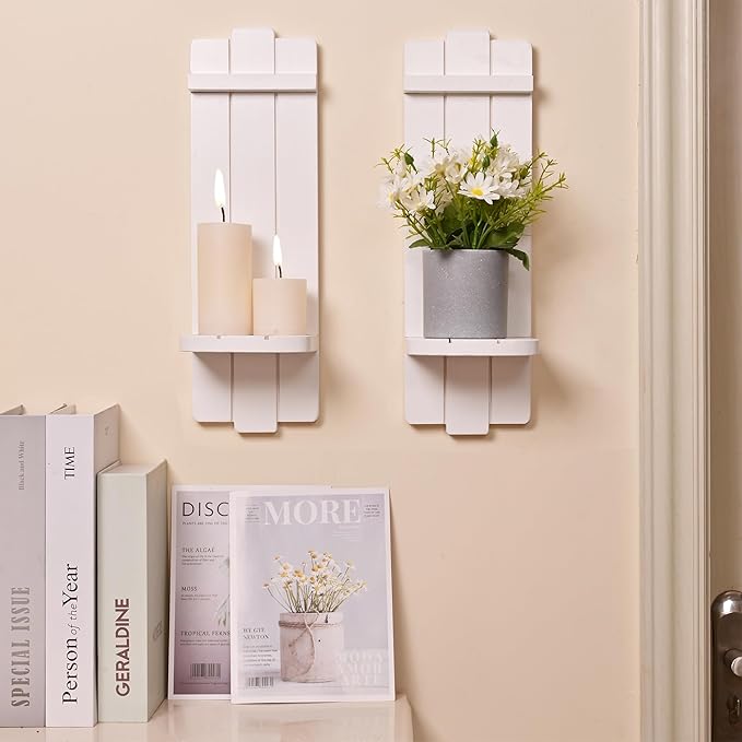 Sconces Set of 2, Large Candle Holder Rustic Farmhouse Decor, Home Art Floating Sconce Shelf White Wall Decoration for Living Room, Dining Room, Bedroom, Bathroom