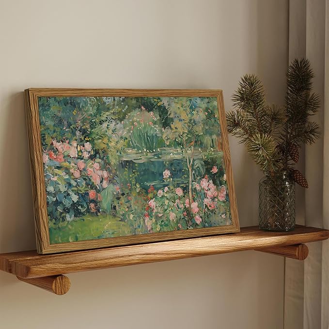 Framed Vintage Floral Landscape Canvas Wall Art, Rose Garden Pond Wall Decor Paintings, Rustic Cottagecore Nature Plant Pictures Prints Aesthetic Home Decor for Living Room Bedroom Bathroom 8x10 inch