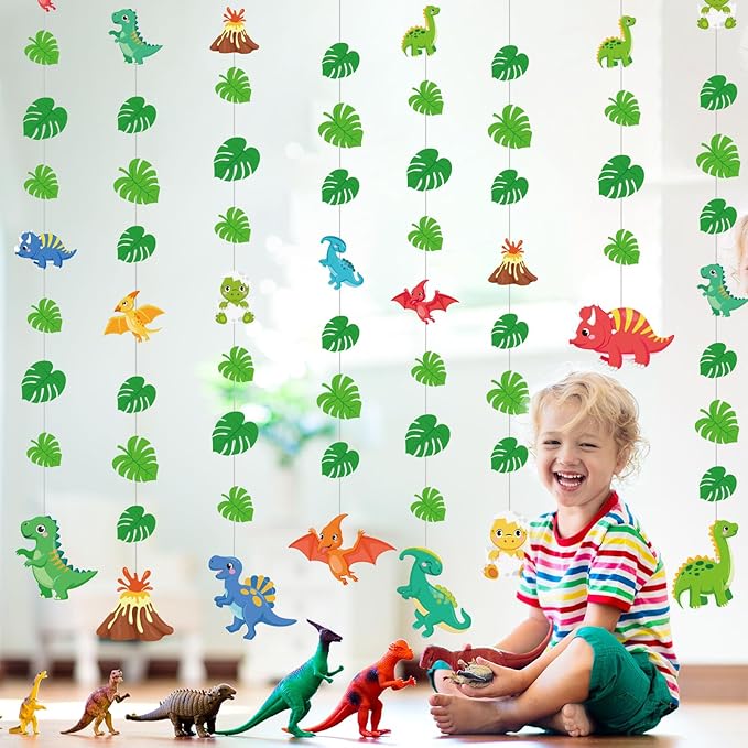 8 Pcs Dinosaur Party Decorations Dinosaur Garlands Watercolor Dino Hanging Banner Palm Leaves String Decor for Boy Jungle Dino Theme Birthday Baby Shower Party Supplies Home Wall Backdrop