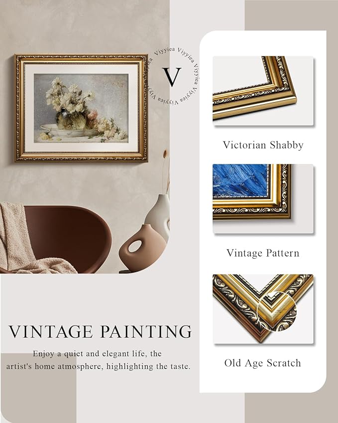 VIYYIEA Gold Framed Vintage Floral Still Life Wall Art, Elegant White Roses Artwork for Living Room or Bedroom Decor | Zero-Glare, Lightweight Textured Art with No Glass | 13x16 Inch