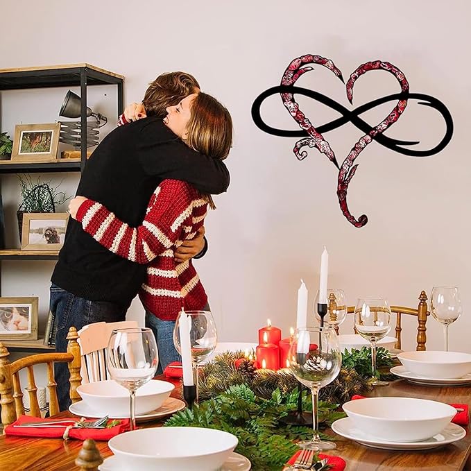 Infinity Heart Wall Decor, Unique Infinity Heart Metal Wall Art Decor Love Sign Steel Wall Plaques Bedroom Ornaments for Home Wedding Decor, Room Living Room Decoration (Red Black, 15.7x14inch)