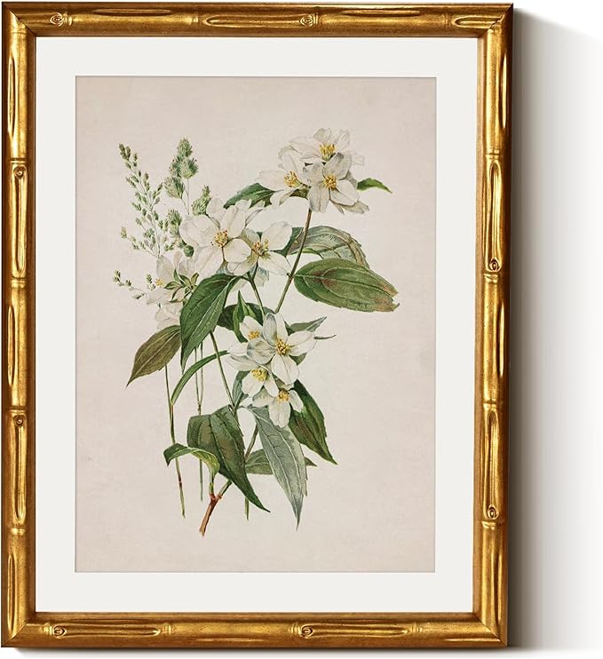 InSimSea Gold Bamboo Framed Canvas Wall Art, Neutral Floral Botanical Paintings, Antique Vintage Picture Frame with Mat, Victorian Home Wall Decor for Living Room Bedroom, 11x14inch