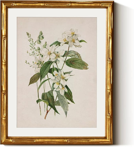 InSimSea Gold Bamboo Framed Canvas Wall Art, Neutral Floral Botanical Paintings, Antique Vintage Picture Frame with Mat, Victorian Home Wall Decor for Living Room Bedroom, 11x14inch