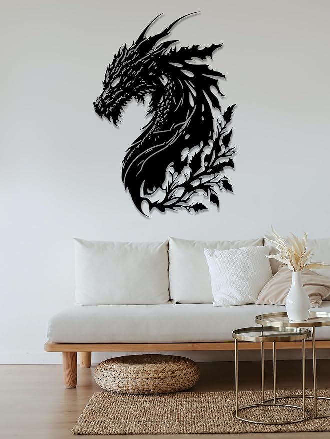 Dragon Metal Wall Art Medieval Decor Fantasy Decorations for Living Room Bedroom Office Man Cave Decor for Men Dragon Lover's Gifts (14.2 In X 11.4 In Black）
