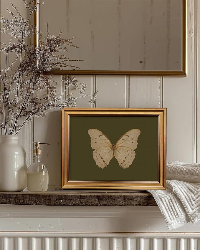 InSimSea Gold Framed Canvas Prints Wall Art, Vintage Butterfly Bathroom Decor, Classical Moody Paintings Farmhouse Wall Decor Aesthetic, Retro Pictures for Bedroom Living Room Shelf, 12x16inch