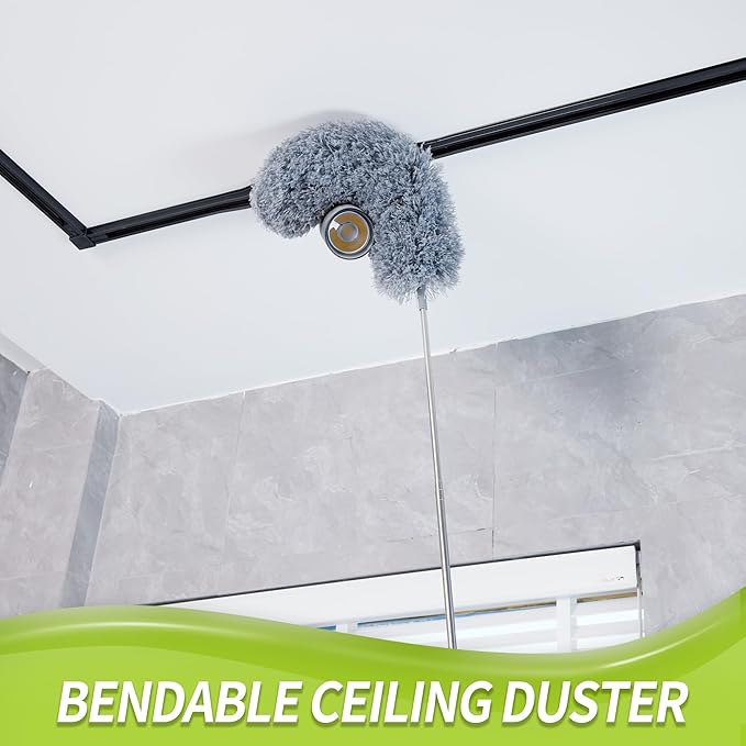 Duster with Extension Pole for Cleaning (2 Microfiber Heads Kit), 100" Long Feather Duster for High Ceilings with Washable Head, Cleaning Supplies for Housekeeping, Ceiling Fan, Furniture