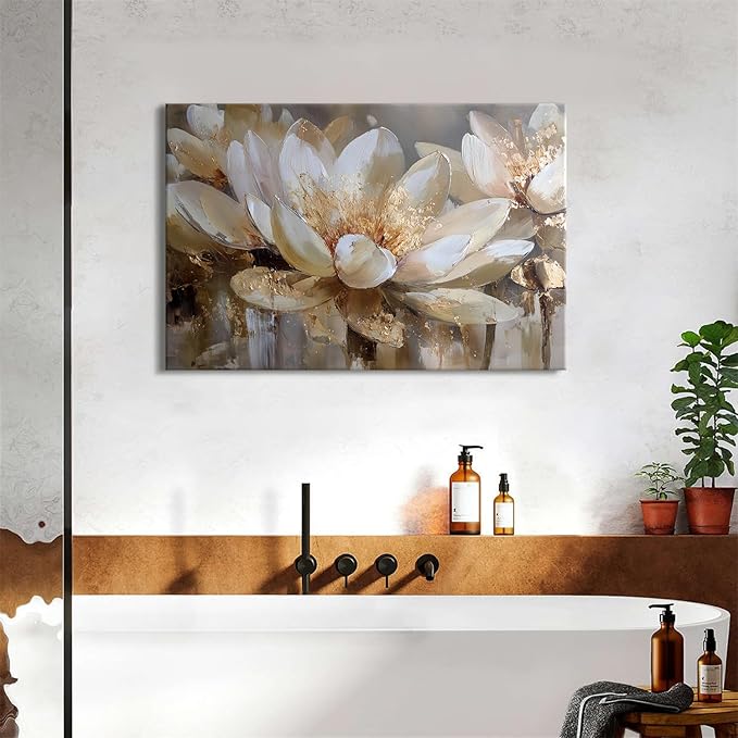 White and Gold Lotus Wall Art Floral Paintings Picture Wall Decor Abstract Zen Flowers Canvas Prints Spiritual Meditation Paintings Posters Minimalist Artwork Yoga Spa Bedroom Home Decoration 24x36"