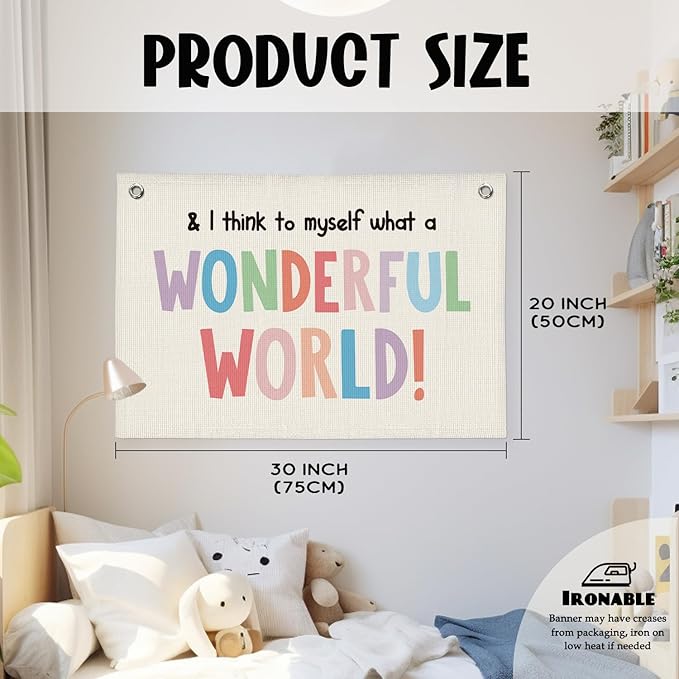 Kids Room Decor, Positive Affirmation Linen Canvas Banner, It's a Wonderful World Quote Wall Hanging Decor for Boys Girls Bedroom Nursery Playroom 20x30