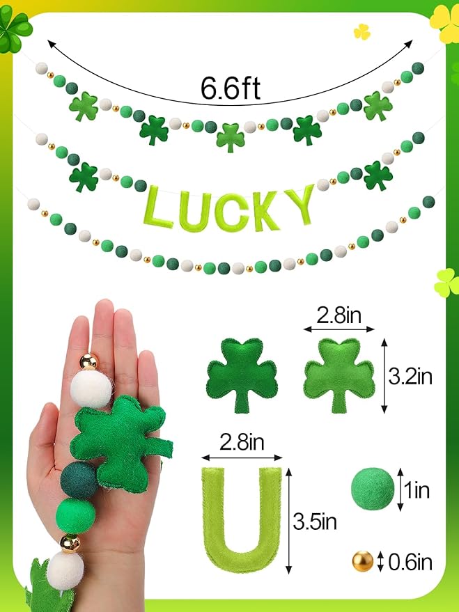 3 Pack Felt St. Patrick's Day Decorations Garland - 6.6 ft Lucky Felt Ball Pom Pom with Silver Beads, Shamrock Garlands for Mantel Home Supplies