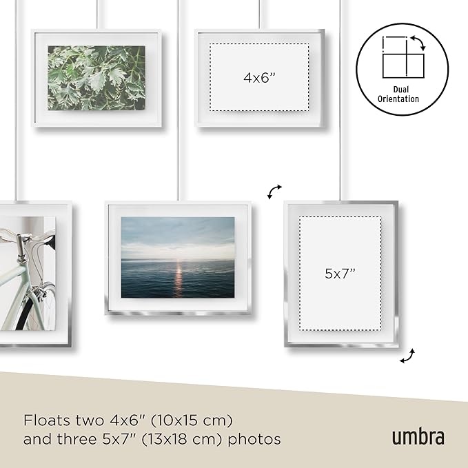 Umbra Exhibit Picture Frame Gallery Set, Adjustable Wall Collage Displays Five Photos (Two 4x6 and Three 5x7), Set of 5, Chrome