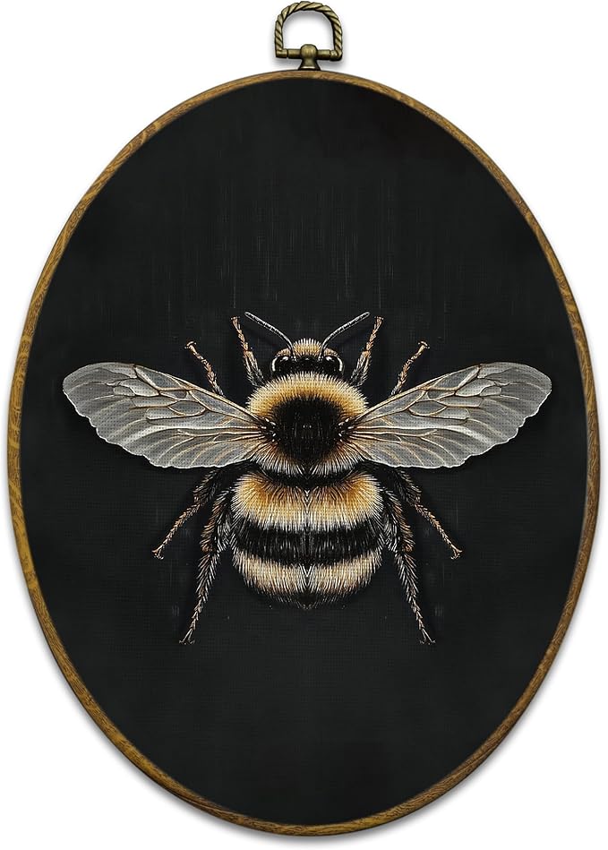 Mcehtle Vintage Bee Wall Art Decor, Moody Honey Bee Cottagecore Oval Framed Canvas Prints 8.6x11.4, Dark Academia Insect Round Wall Hanging Artwork Decorations for Gallery Bedroom Living Room