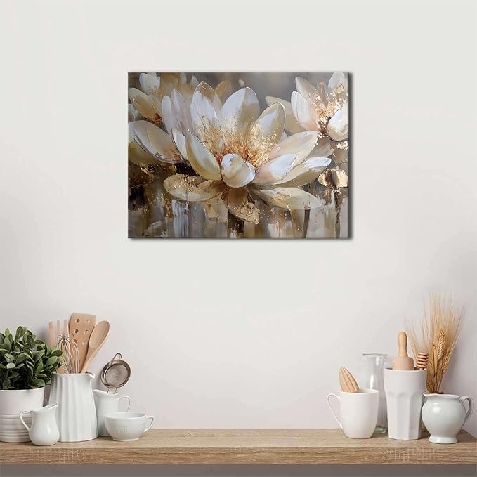 White Lotus Wall Art Zen Lotus Flower Pictures Wall Decor Abstract Floral Canvas Prints Poster for Yoga Spa Modern Meditation Spiritual Artwork for Bathroom Living Room Office Home Decoration 12x16"