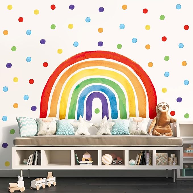 Large Rainbow Wall Decal, Peel and Stick Colourful Rainbows Wall Stickers, Multicolor Polka Dots Wall Decor, Vibrant Rainbow Decoration for Girls Bedroom Kids Nursery Classroom Playroom