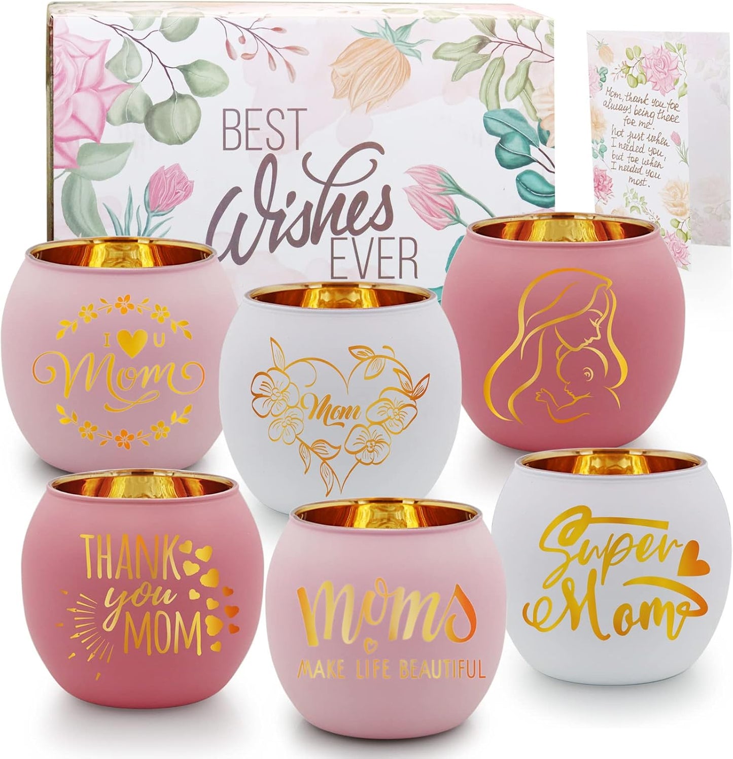 Birthday Gifts for Mom, Delicate Mother Gifts from Daughter Son, Engraved Glass ealight Votive Candle Holder Pink, Mothers Day Christmas Birthday Gifts for Mom, Ideas 6PCS