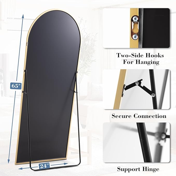 DUMOS Arched Full Length Mirror with Stand Floor Free Standing Aluminum Frame for Bedroom Body Hanging Leaning Modern Simple Home Decor Shatter-proorf Nano Glass Wall Gold 65"x24"