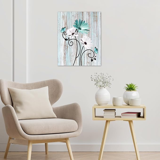 HVEST Teal Daisy Wall Art Vintage Flower and Butterfly on Rustic Wooden Abstract Painting Farmhouse Plant Wall Art for Bathroom Living Room Bedroom Kitchen Decor Ready to Hang, 10Lx8W Inches