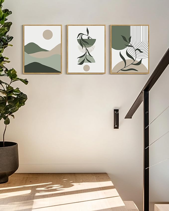 Drsoum Green Botanical Boho Wall Art Framed Modern Sage Bohemian Plant Wall Decor Abstract Geometry Lines Artwork Hallway Bedroom Prints Ready to Hang 11x14in Natural Framed